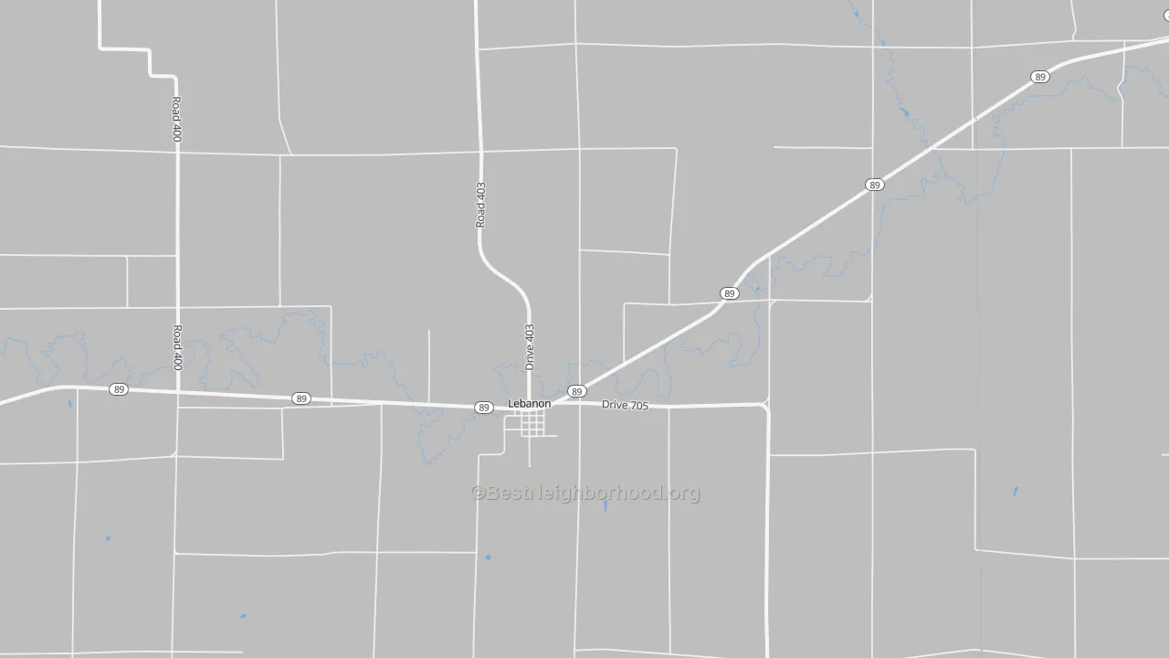 Walk Grade map of Lebanon, NE, walkable areas in green and car-dependent areas in red