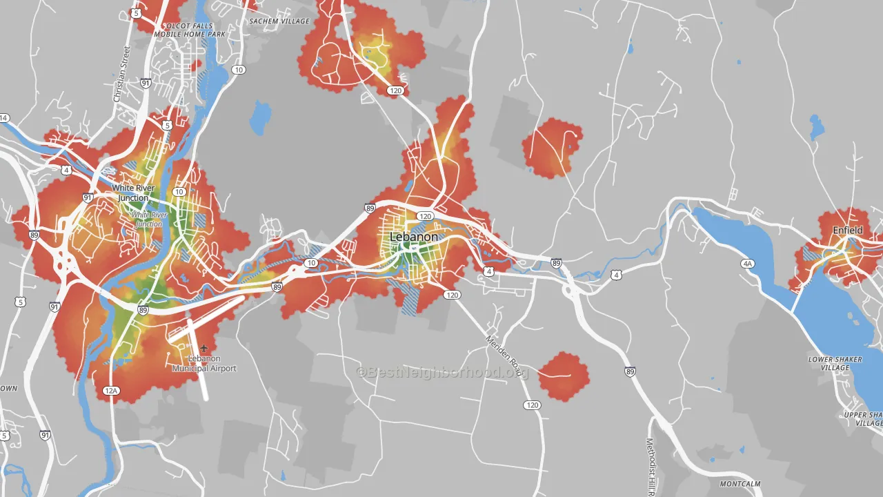 Walk Grade map of Lebanon, NH, walkable areas in green and car-dependent areas in red