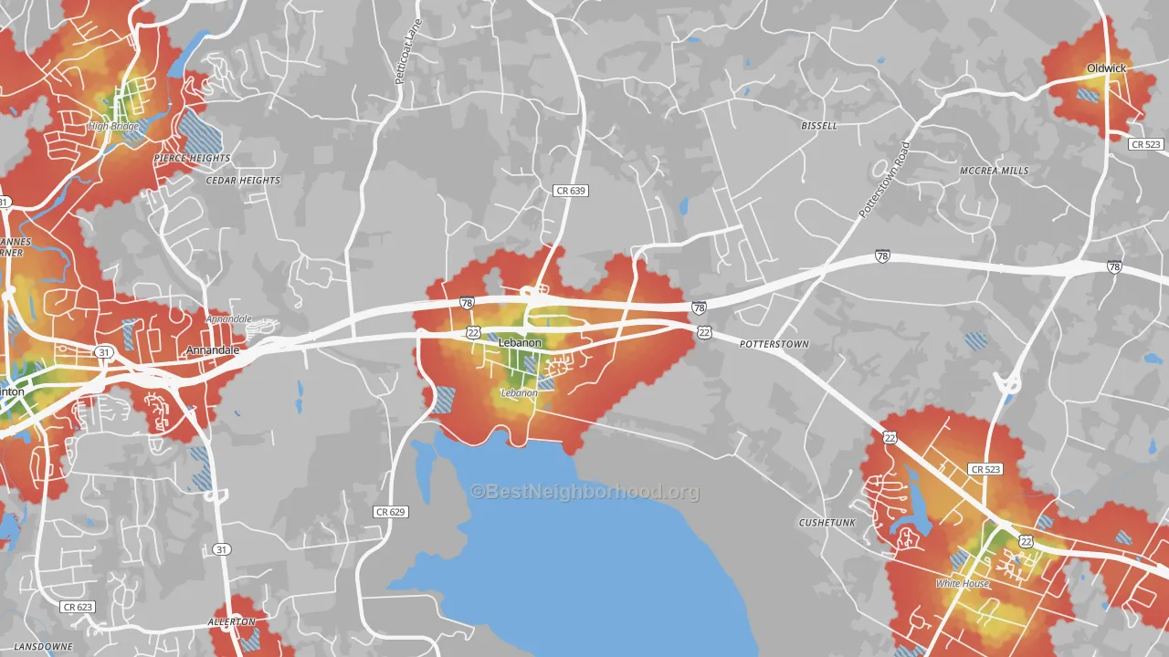Walk Grade map of Lebanon, NJ, walkable areas in green and car-dependent areas in red
