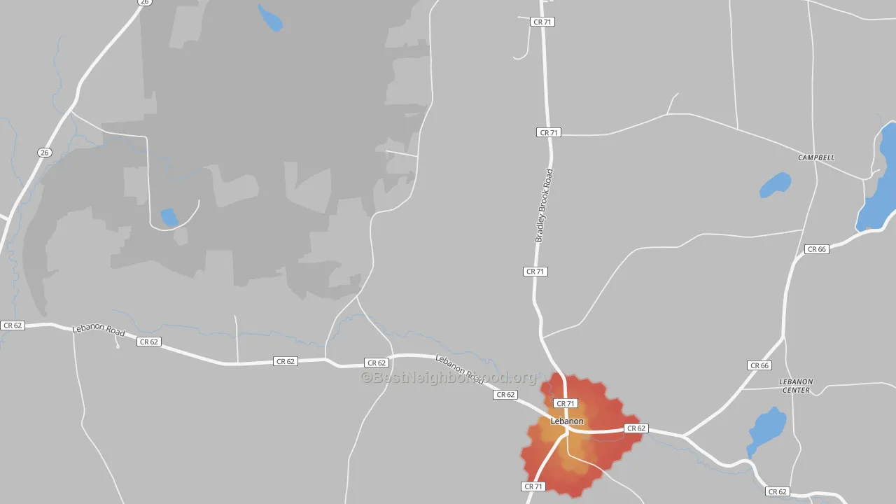 Walk Grade map of Lebanon, NY, walkable areas in green and car-dependent areas in red