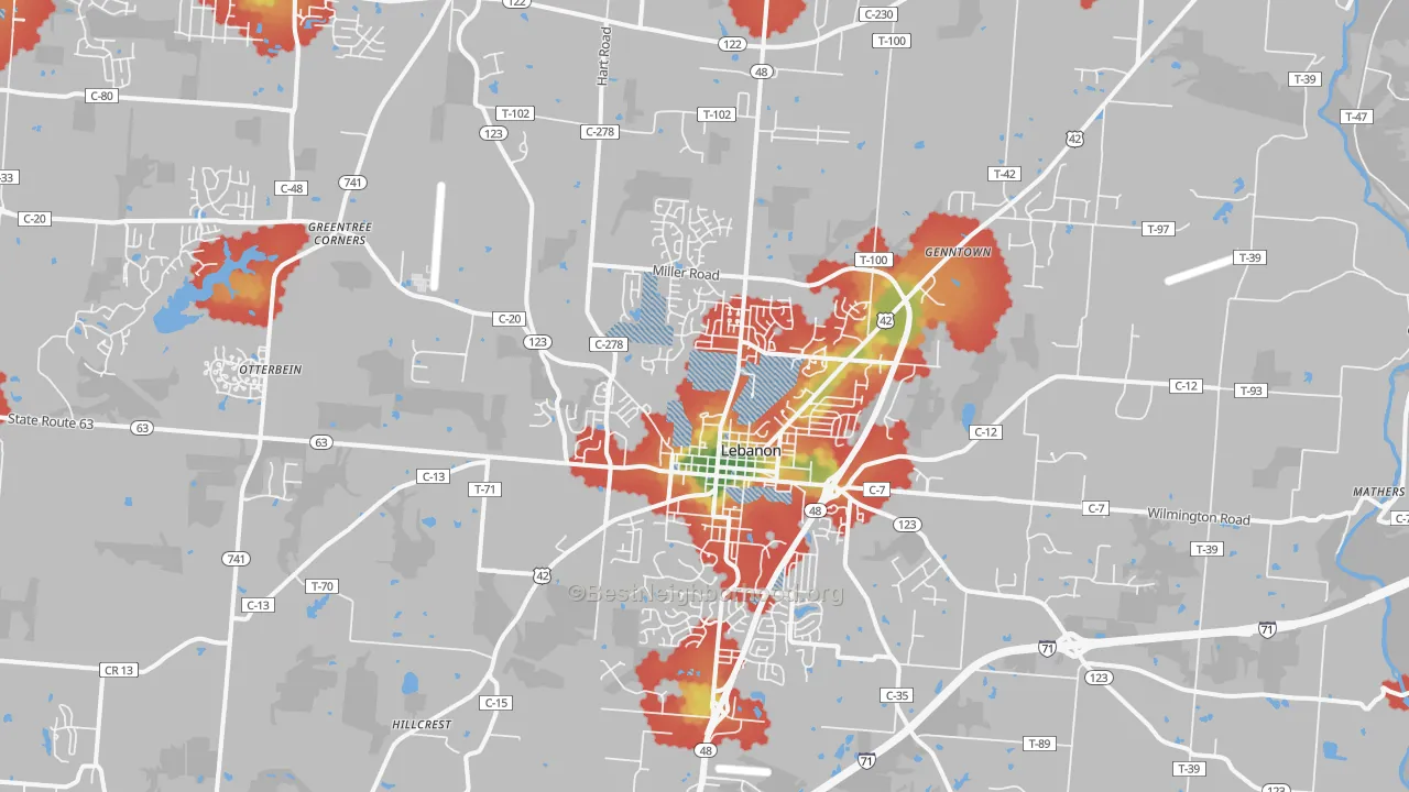 Walk Grade map of Lebanon, OH, walkable areas in green and car-dependent areas in red