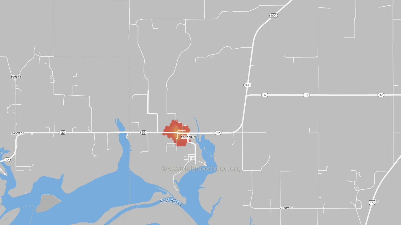 Walk Grade map of Lebanon, OK, walkable areas in green and car-dependent areas in red