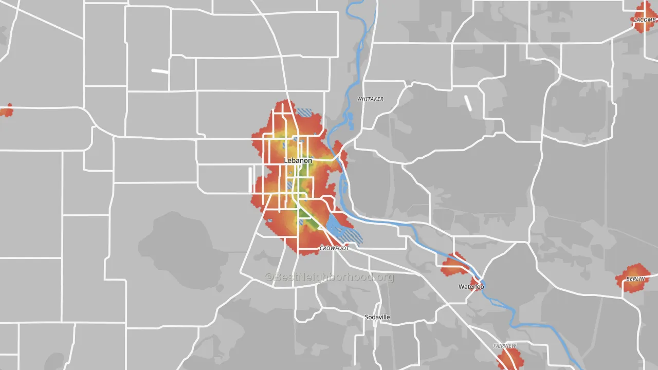 Walk Grade map of Lebanon, OR, walkable areas in green and car-dependent areas in red
