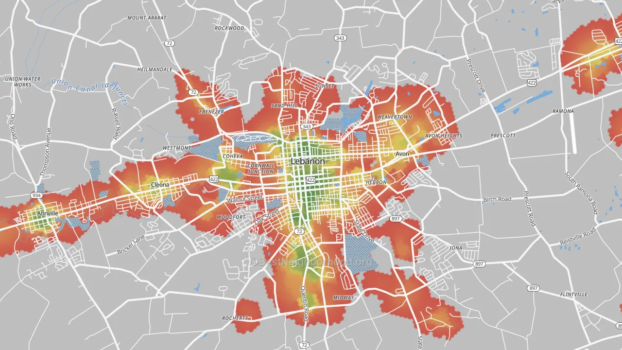 Walk Grade map of Lebanon, PA, walkable areas in green and car-dependent areas in red