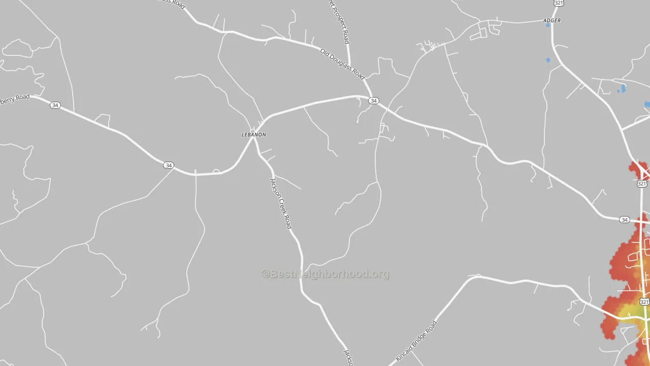 Walk Grade map of Lebanon, SC, walkable areas in green and car-dependent areas in red