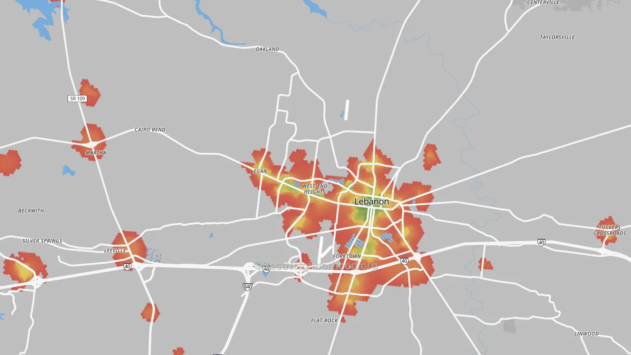 Walk Grade map of Lebanon, TN, walkable areas in green and car-dependent areas in red