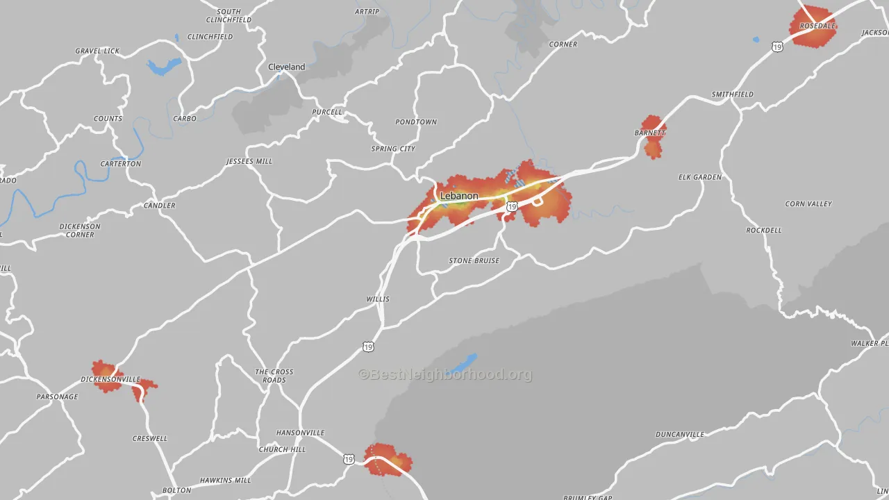 Walk Grade map of Lebanon, VA, walkable areas in green and car-dependent areas in red
