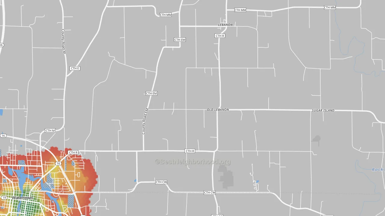 Walk Grade map of Lebanon, WI, walkable areas in green and car-dependent areas in red