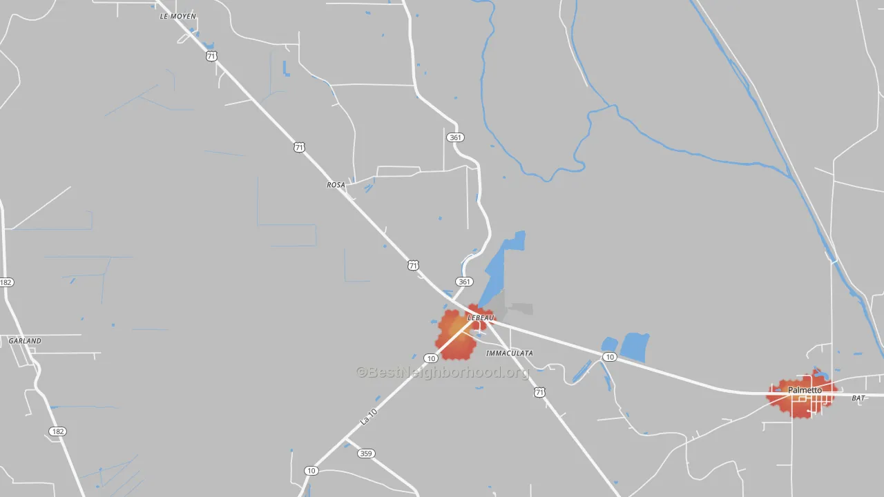 Walk Grade map of Lebeau, LA, walkable areas in green and car-dependent areas in red