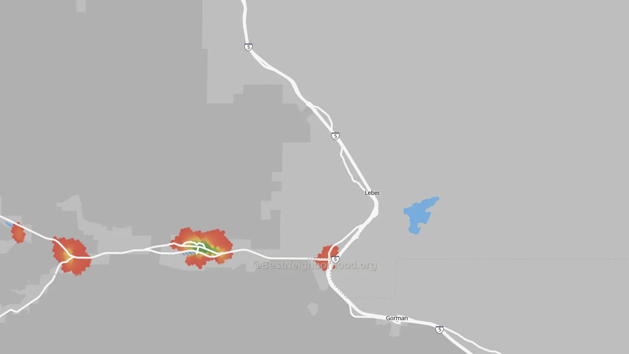 Walk Grade map of Lebec, CA, walkable areas in green and car-dependent areas in red