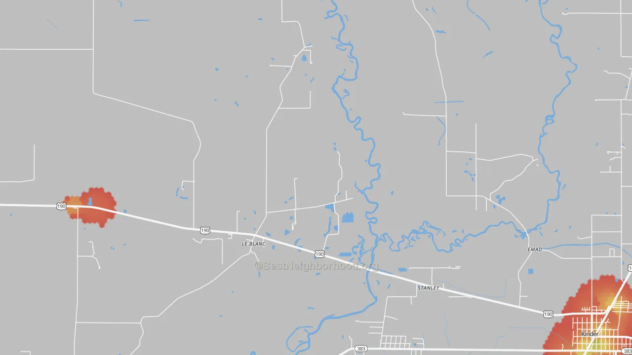 Walk Grade map of Leblanc, LA, walkable areas in green and car-dependent areas in red