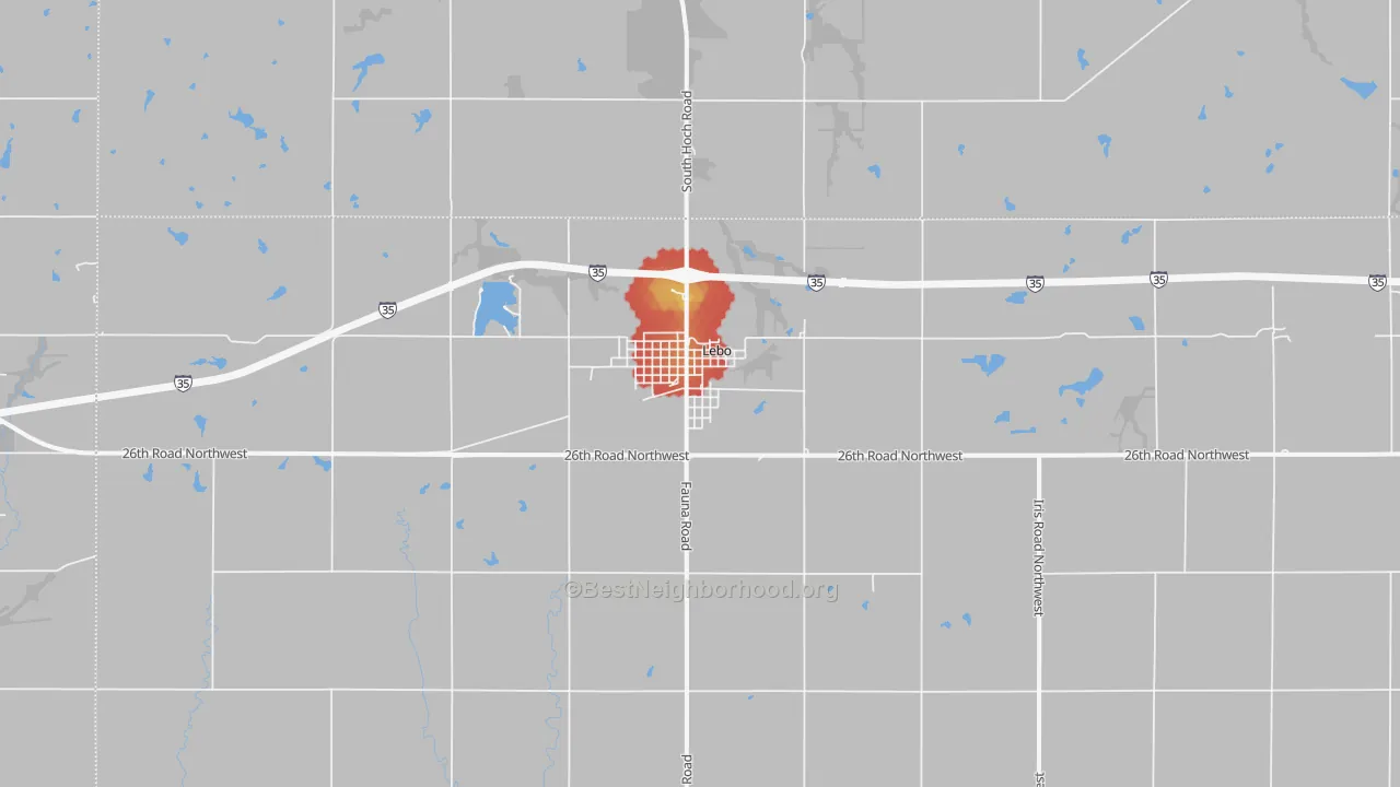 Walk Grade map of Lebo, KS, walkable areas in green and car-dependent areas in red