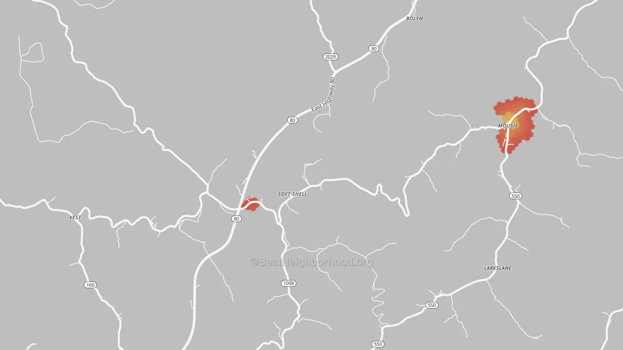 Walk Grade map of Leburn, KY, walkable areas in green and car-dependent areas in red