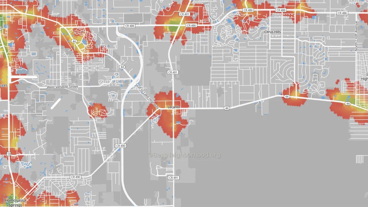 Walk Grade map of Lecanto, FL, walkable areas in green and car-dependent areas in red