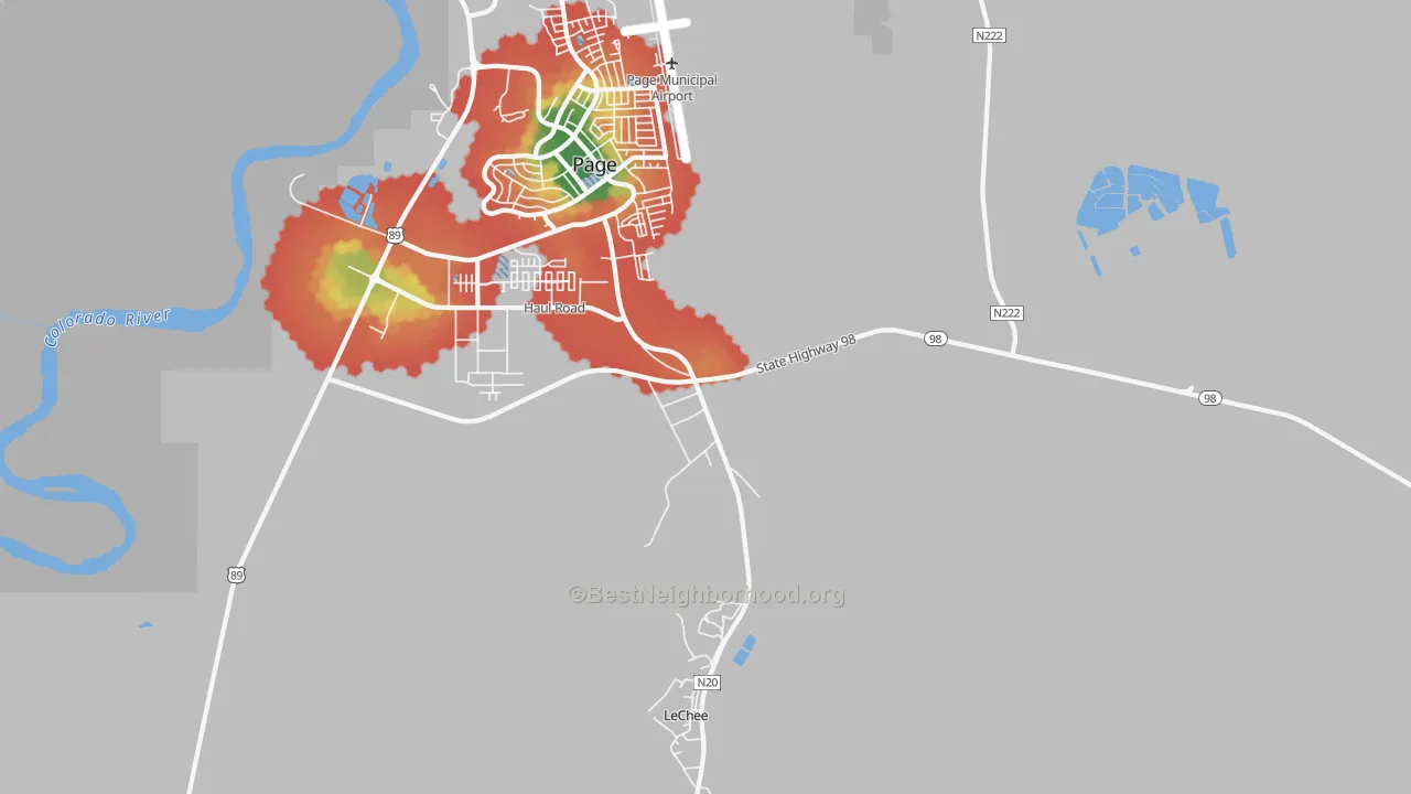 Walk Grade map of Lechee, AZ, walkable areas in green and car-dependent areas in red