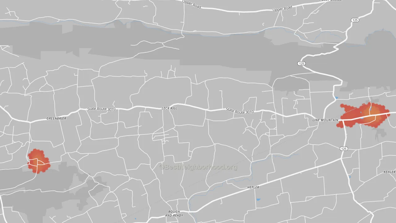 Walk Grade map of Leck Kill, PA, walkable areas in green and car-dependent areas in red