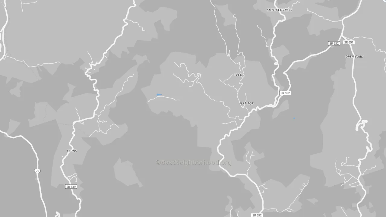 Walk Grade map of Leck, VA, walkable areas in green and car-dependent areas in red