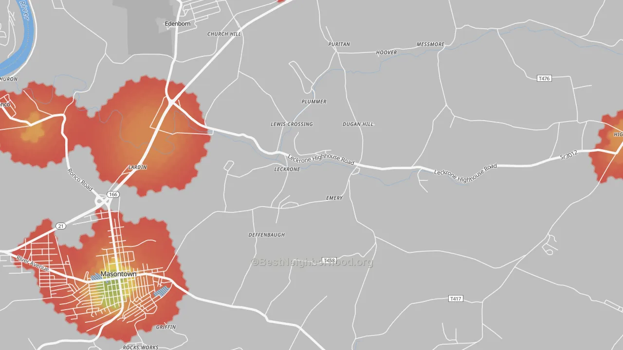 Walk Grade map of Leckrone, PA, walkable areas in green and car-dependent areas in red