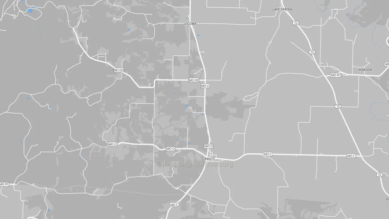 Walk Grade map of Lecoma, MO, walkable areas in green and car-dependent areas in red