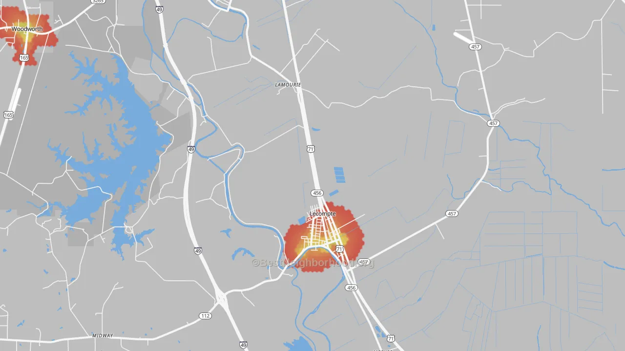Walk Grade map of Lecompte, LA, walkable areas in green and car-dependent areas in red