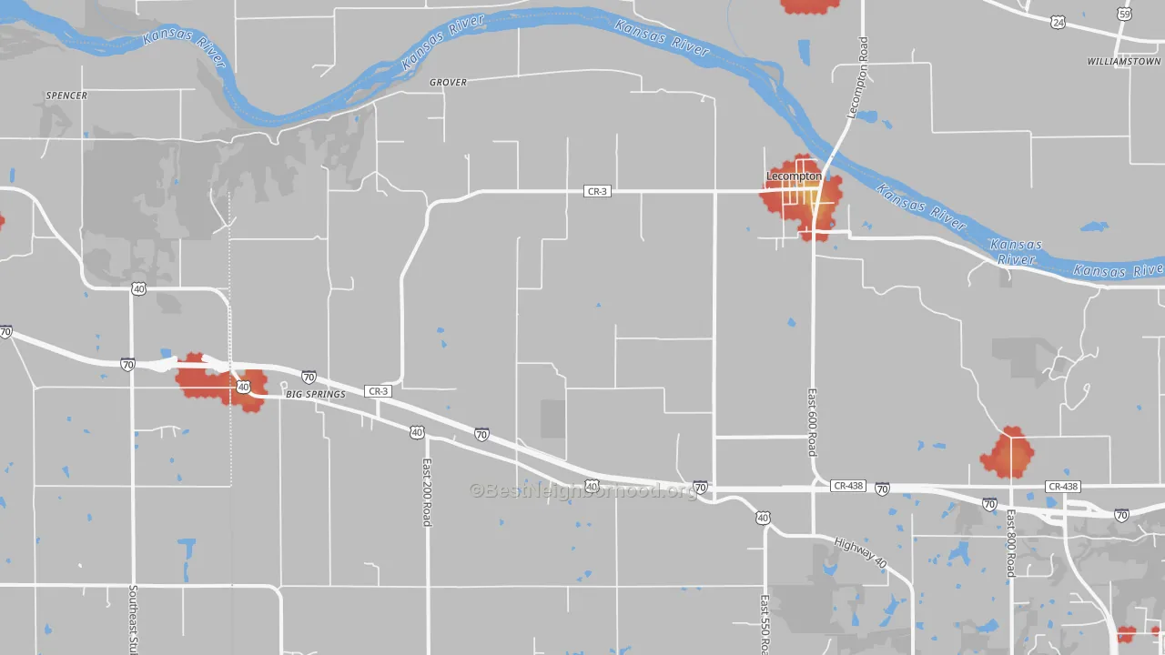 Walk Grade map of Lecompton, KS, walkable areas in green and car-dependent areas in red