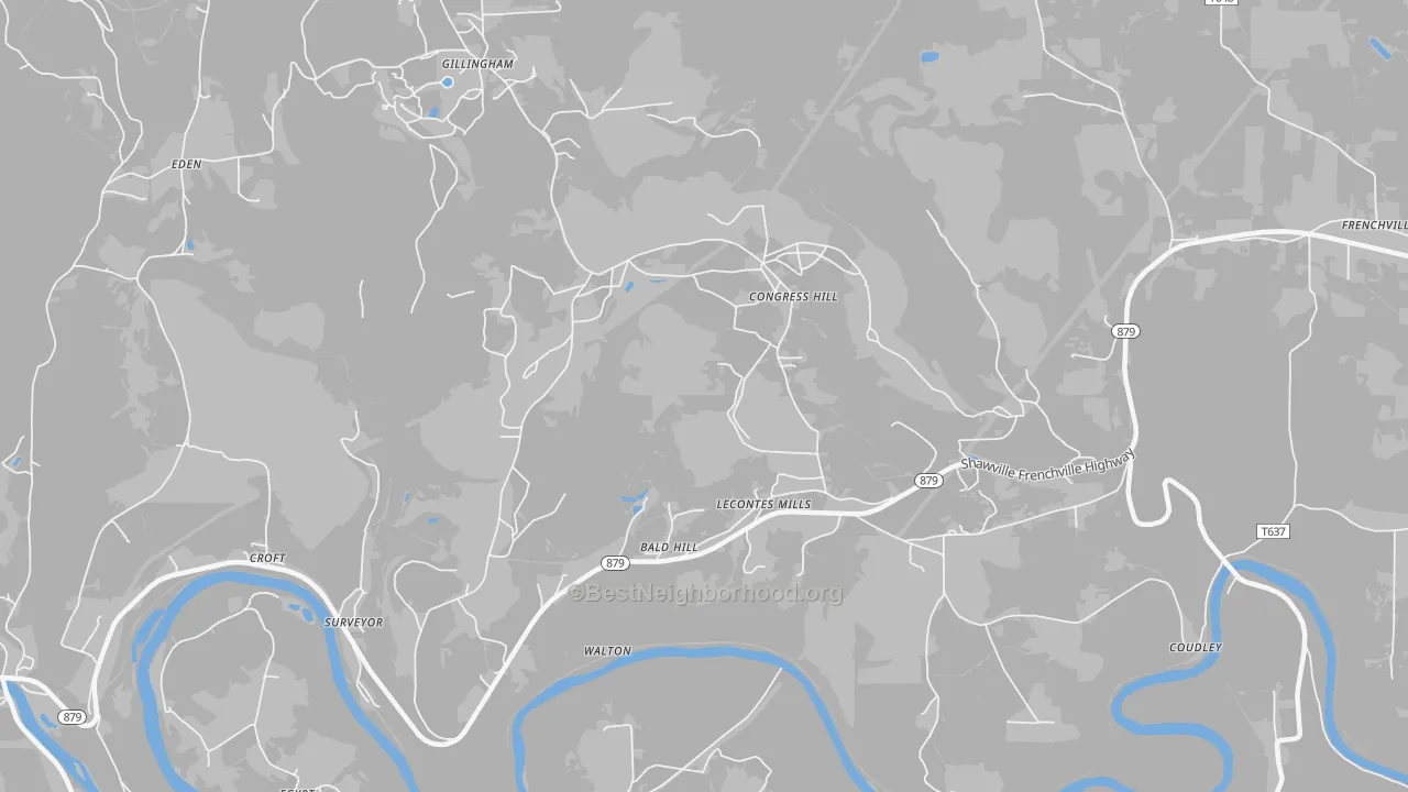 Walk Grade map of Lecontes Mills, PA, walkable areas in green and car-dependent areas in red