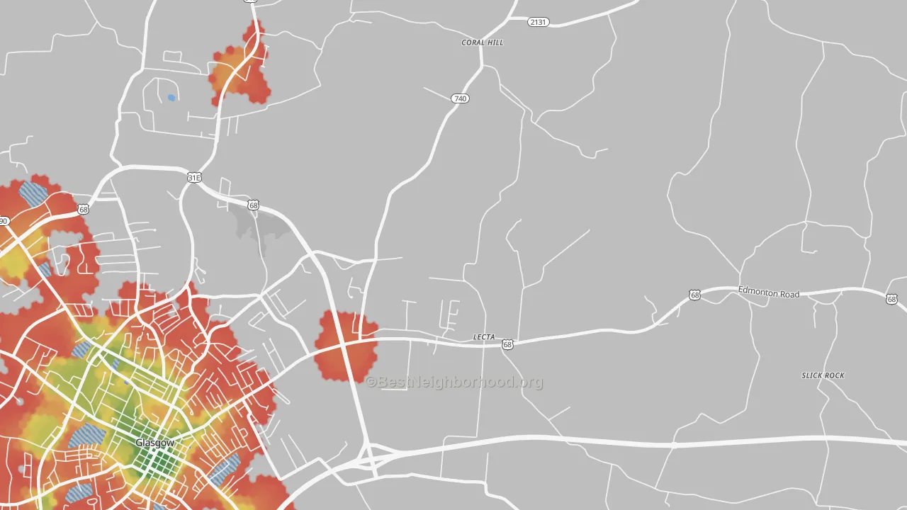 Walk Grade map of Lecta, KY, walkable areas in green and car-dependent areas in red