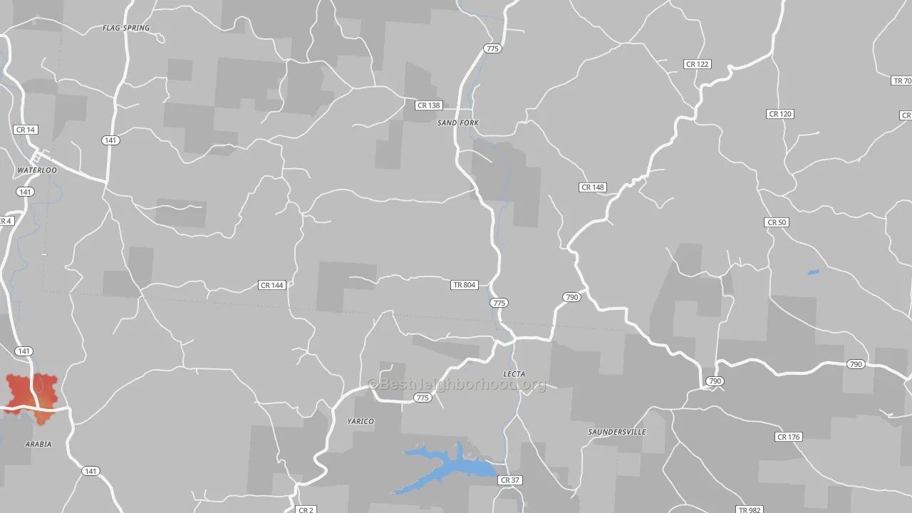 Walk Grade map of Lecta, OH, walkable areas in green and car-dependent areas in red
