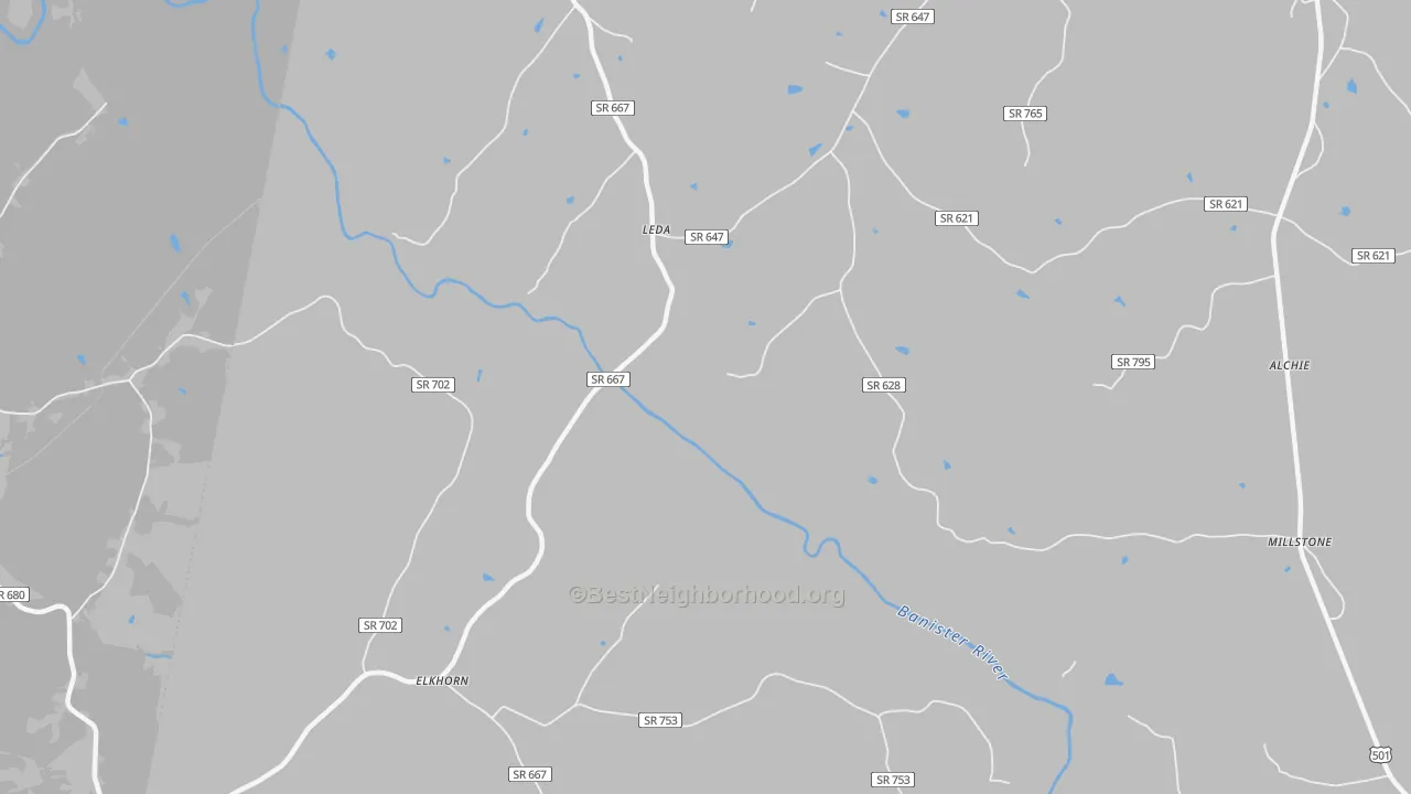 Walk Grade map of Leda, VA, walkable areas in green and car-dependent areas in red
