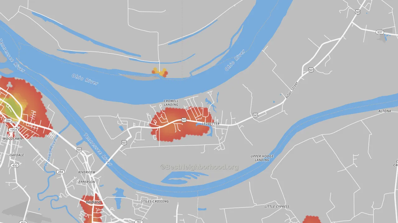 Walk Grade map of Ledbetter, KY, walkable areas in green and car-dependent areas in red