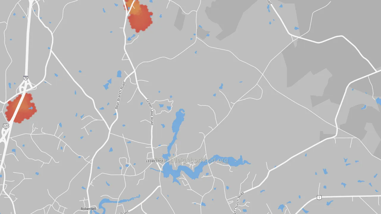Walk Grade map of Ledbetter, NC, walkable areas in green and car-dependent areas in red