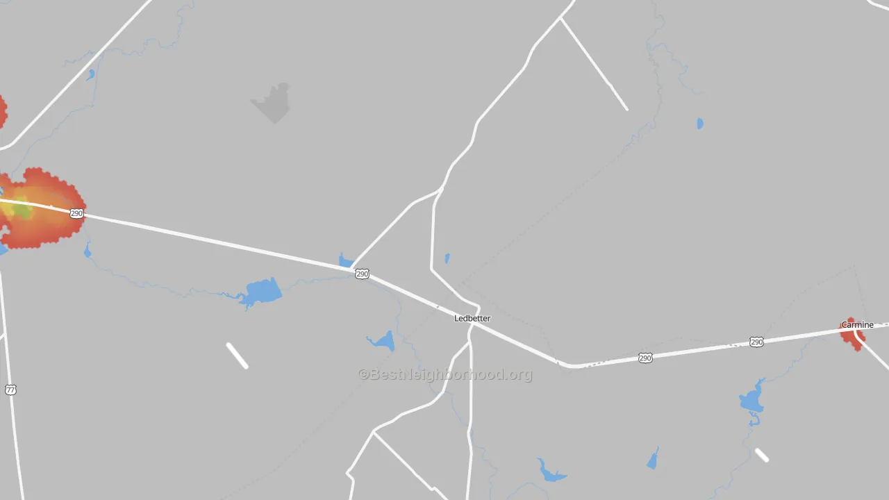 Walk Grade map of Ledbetter, TX, walkable areas in green and car-dependent areas in red