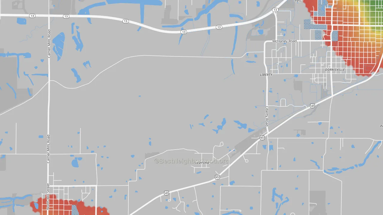 Walk Grade map of Ledford, IL, walkable areas in green and car-dependent areas in red