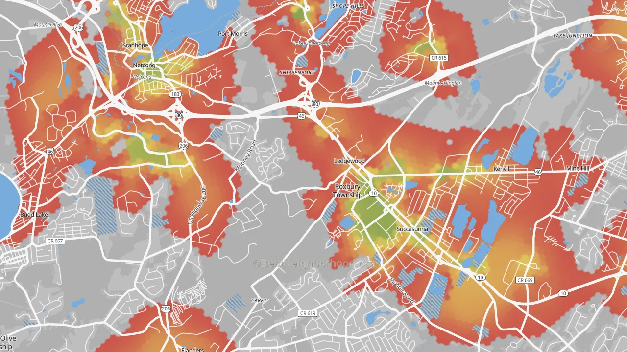 Walk Grade map of Ledgewood, NJ, walkable areas in green and car-dependent areas in red
