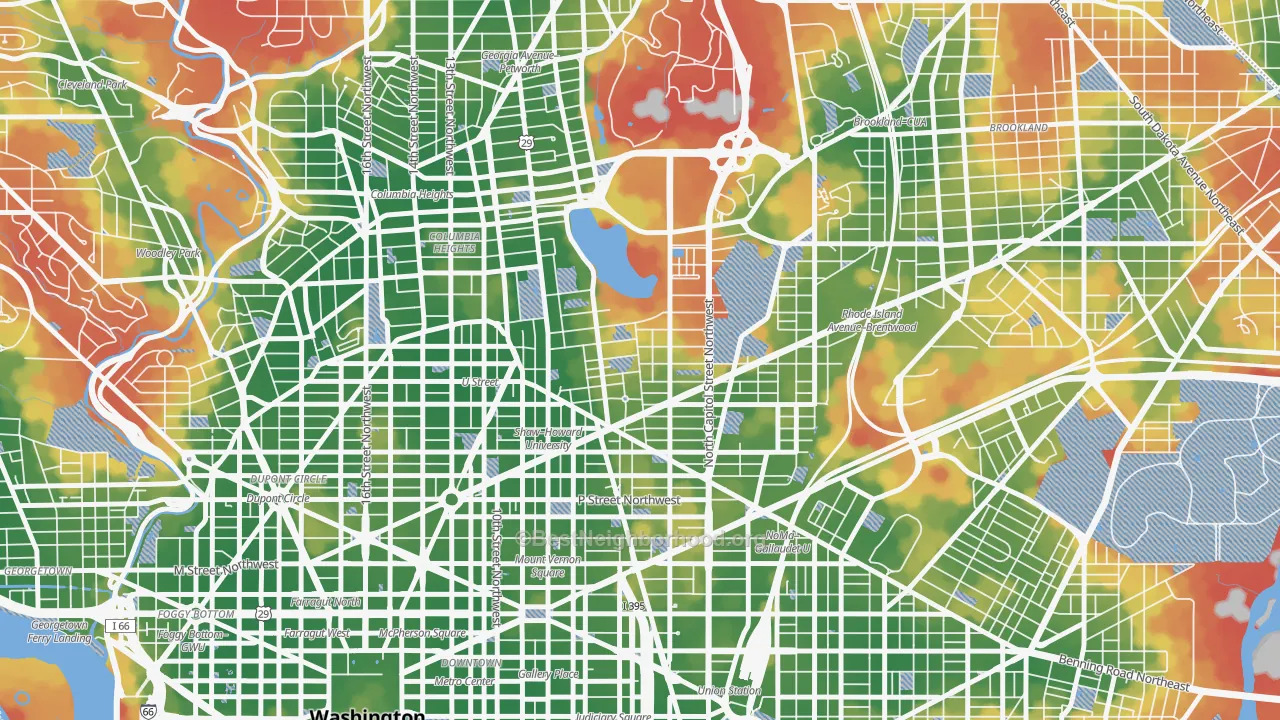 Walk Grade map of Ledroit Park, Washington, DC, walkable areas in green and car-dependent areas in red