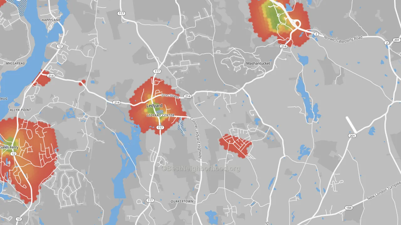 Walk Grade map of Ledyard, CT, walkable areas in green and car-dependent areas in red