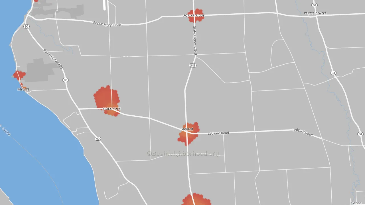 Walk Grade map of Ledyard, NY, walkable areas in green and car-dependent areas in red
