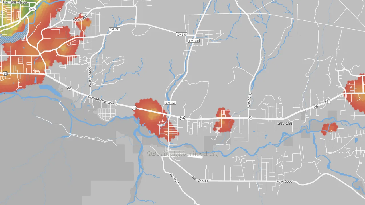 Walk Grade map of Lee Acres, NM, walkable areas in green and car-dependent areas in red