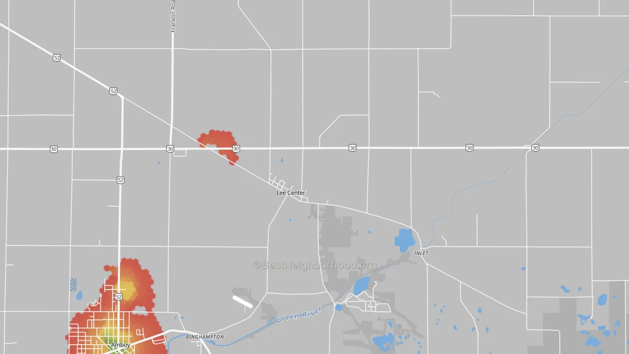 Walk Grade map of Lee Center, IL, walkable areas in green and car-dependent areas in red