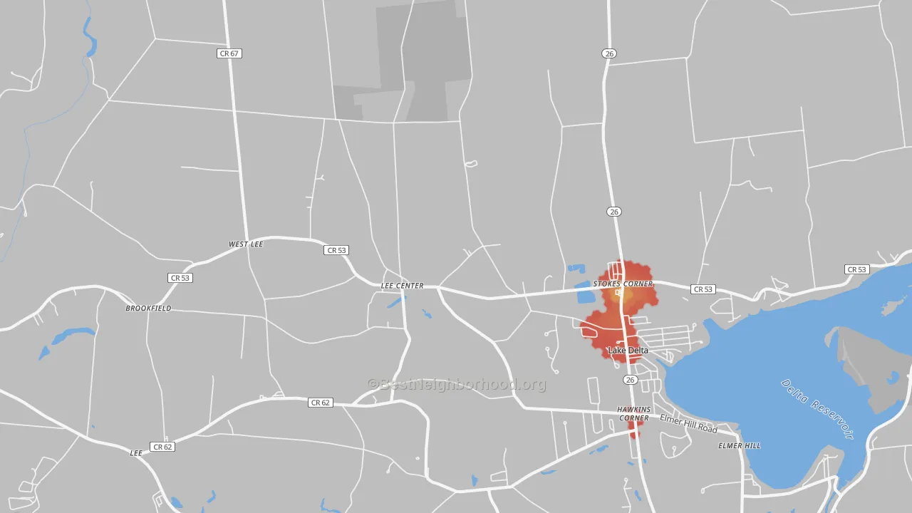 Walk Grade map of Lee Center, NY, walkable areas in green and car-dependent areas in red