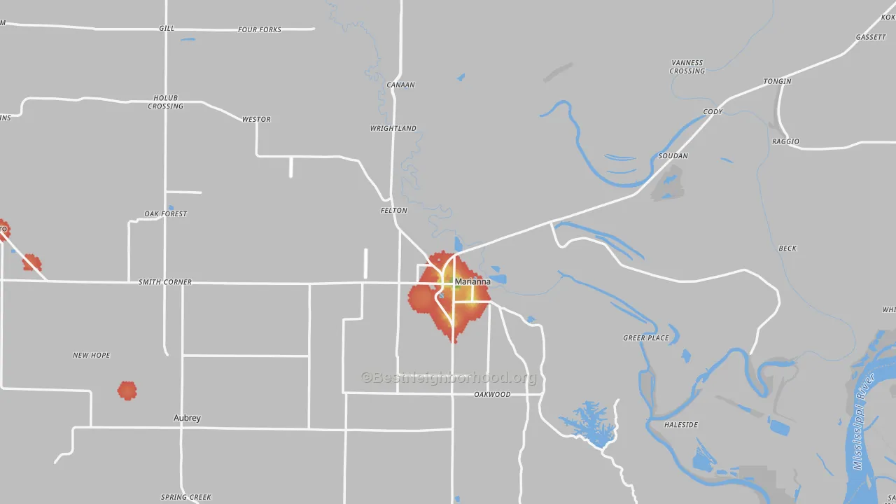Walk Grade map of Lee County, AR, walkable areas in green and car-dependent areas in red