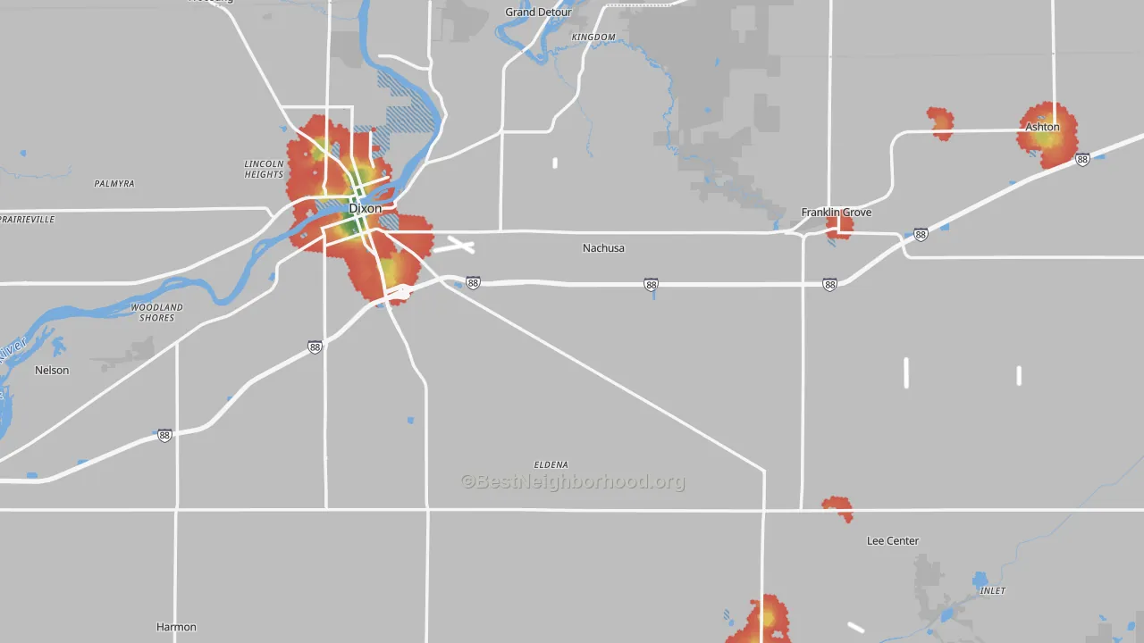 Walk Grade map of Lee County, IL, walkable areas in green and car-dependent areas in red