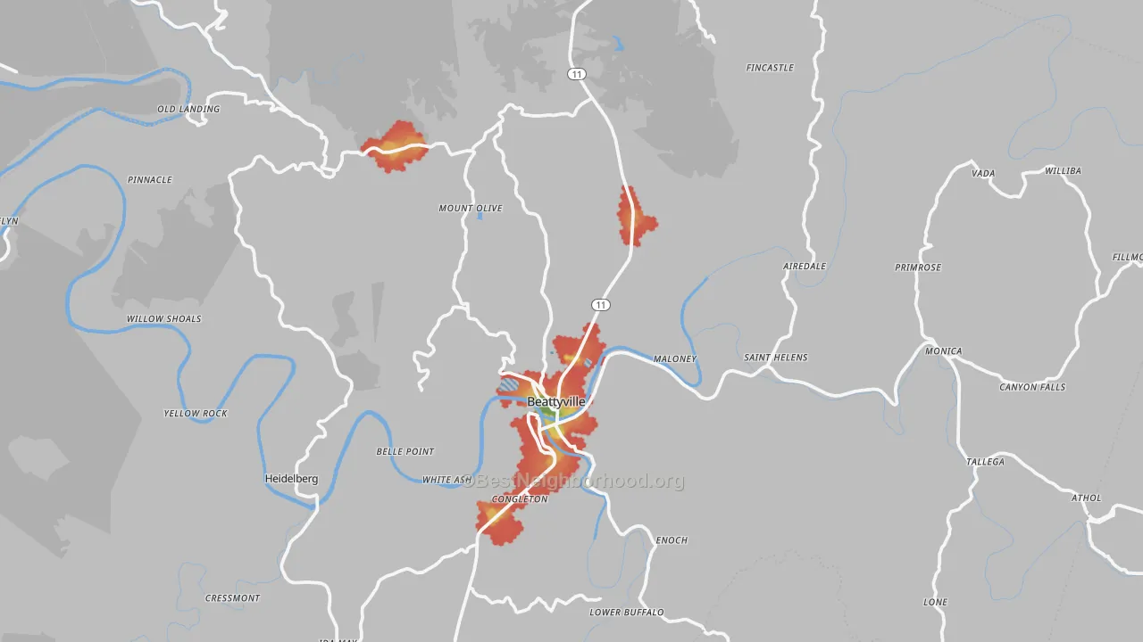 Walk Grade map of Lee County, KY, walkable areas in green and car-dependent areas in red