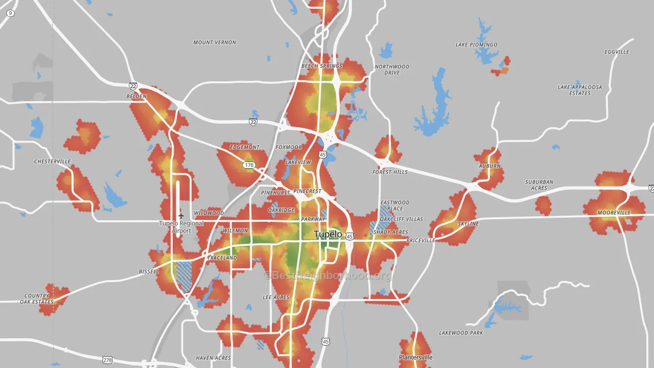 Walk Grade map of Lee County, MS, walkable areas in green and car-dependent areas in red