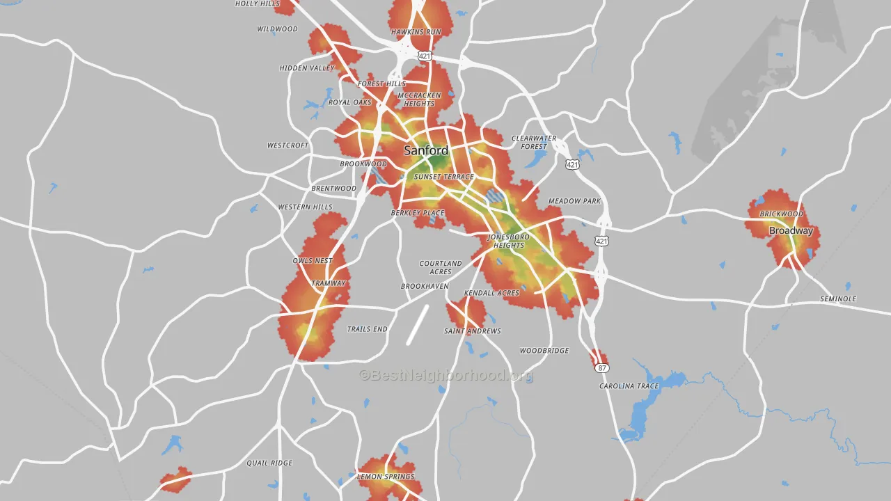 Walk Grade map of Lee County, NC, walkable areas in green and car-dependent areas in red