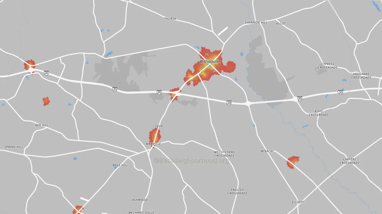 Walk Grade map of Lee County, SC, walkable areas in green and car-dependent areas in red