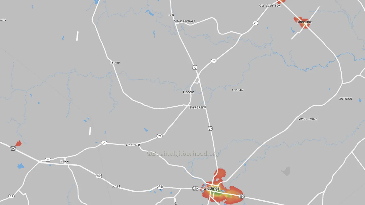 Walk Grade map of Lee County, TX, walkable areas in green and car-dependent areas in red