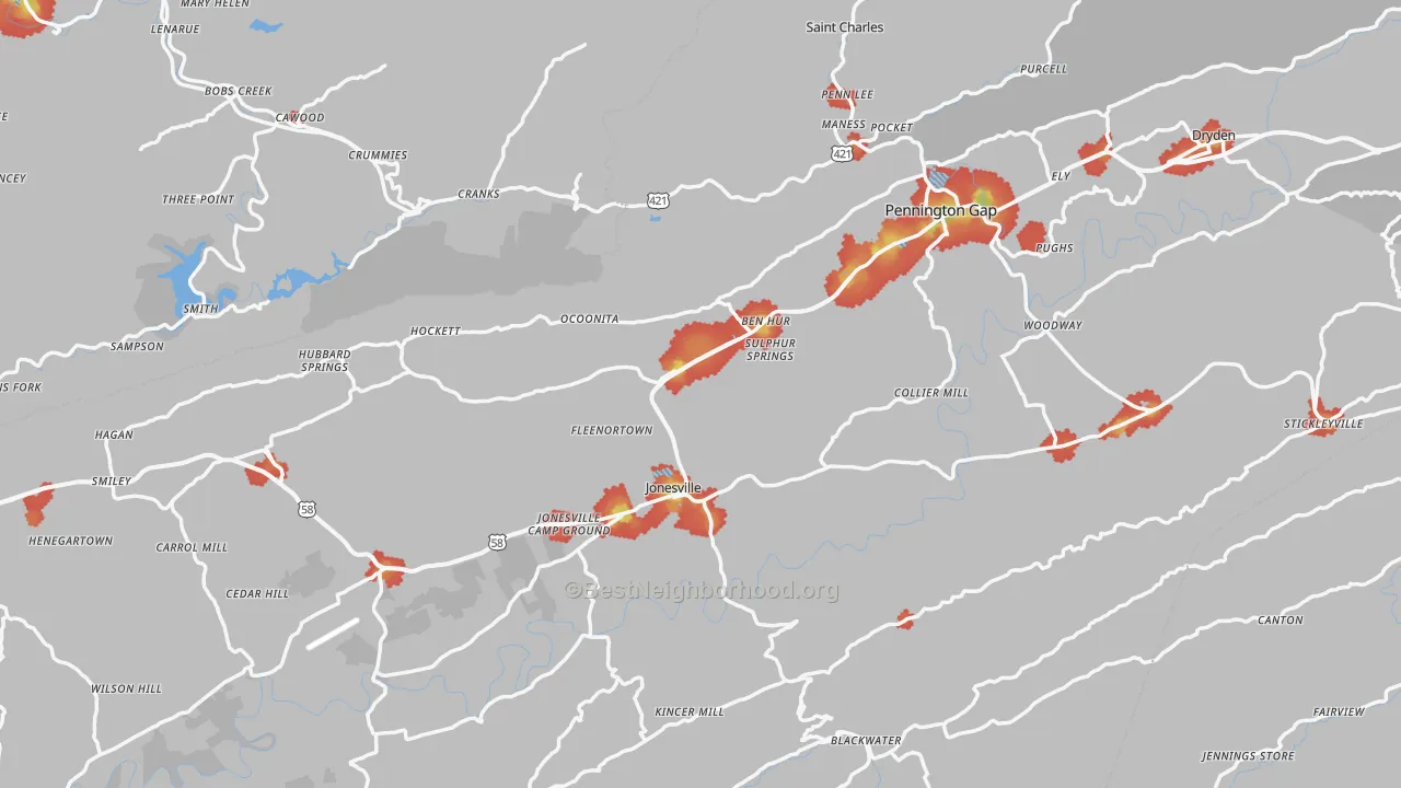 Walk Grade map of Lee County, VA, walkable areas in green and car-dependent areas in red