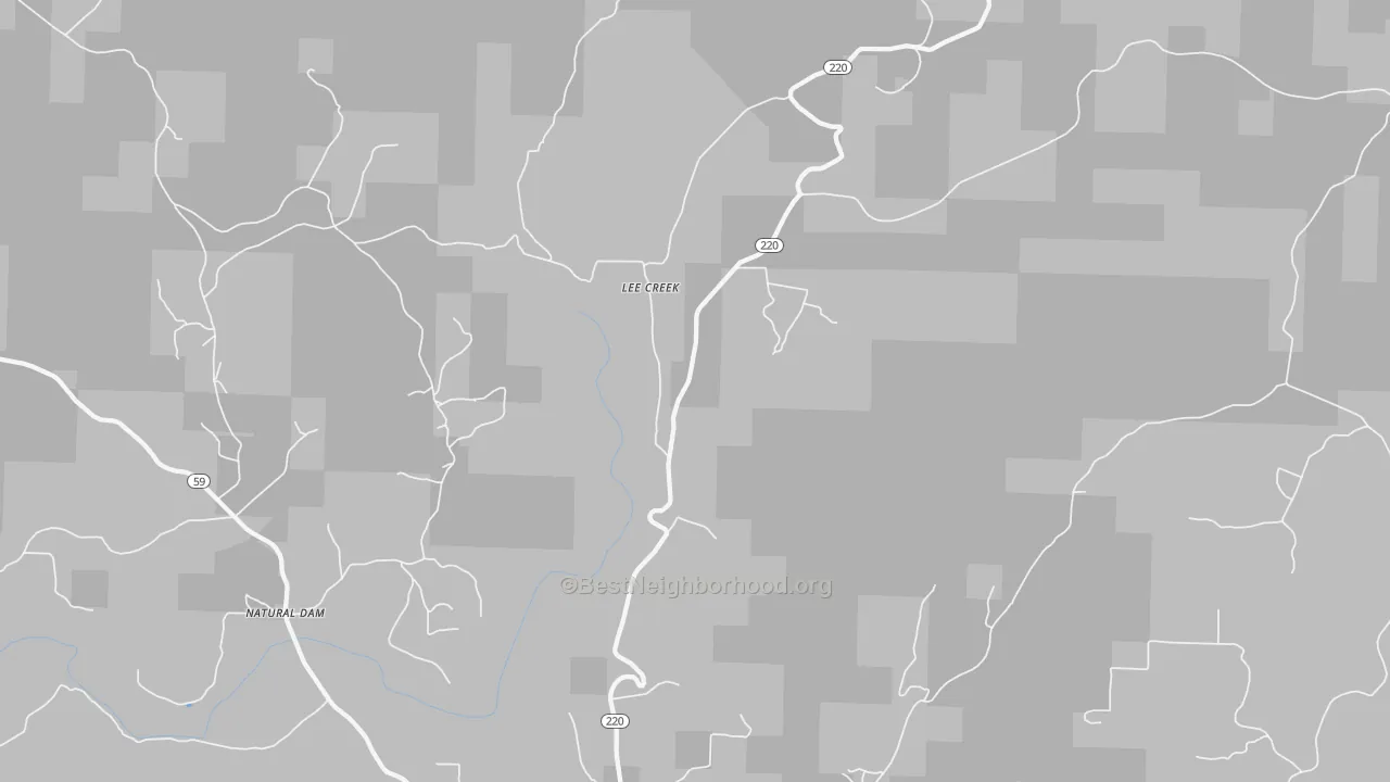 Walk Grade map of Lee Creek, AR, walkable areas in green and car-dependent areas in red