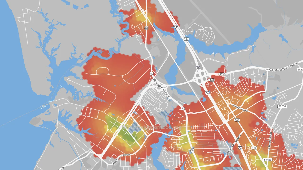 Walk Grade map of Lee Hall, Newport News, VA, walkable areas in green and car-dependent areas in red
